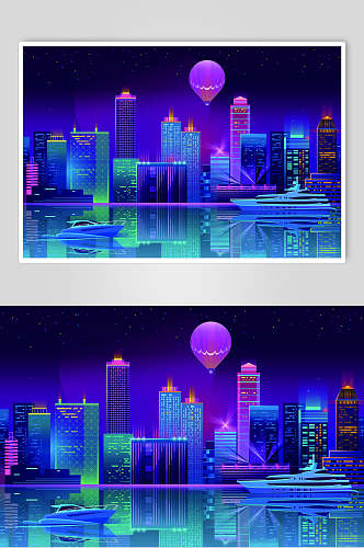 霓虹灯渐变城市建筑热气球设计素材