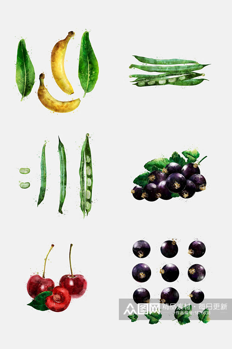 香蕉四季豆蔬菜水果手绘水彩免抠元素素材素材