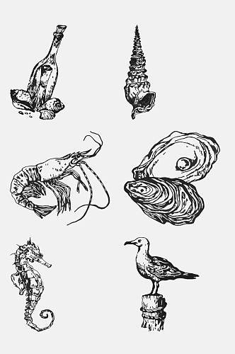 素描海马鸟虾海洋生物手绘元素素材
