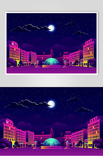 紫色霓虹灯渐变城市建筑夜空设计素材