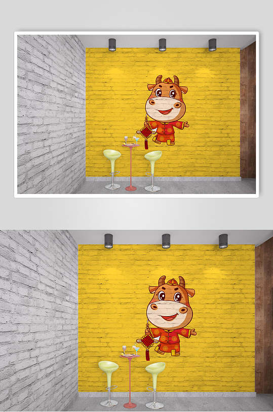 卡通可爱餐厅形象墙样机效果图