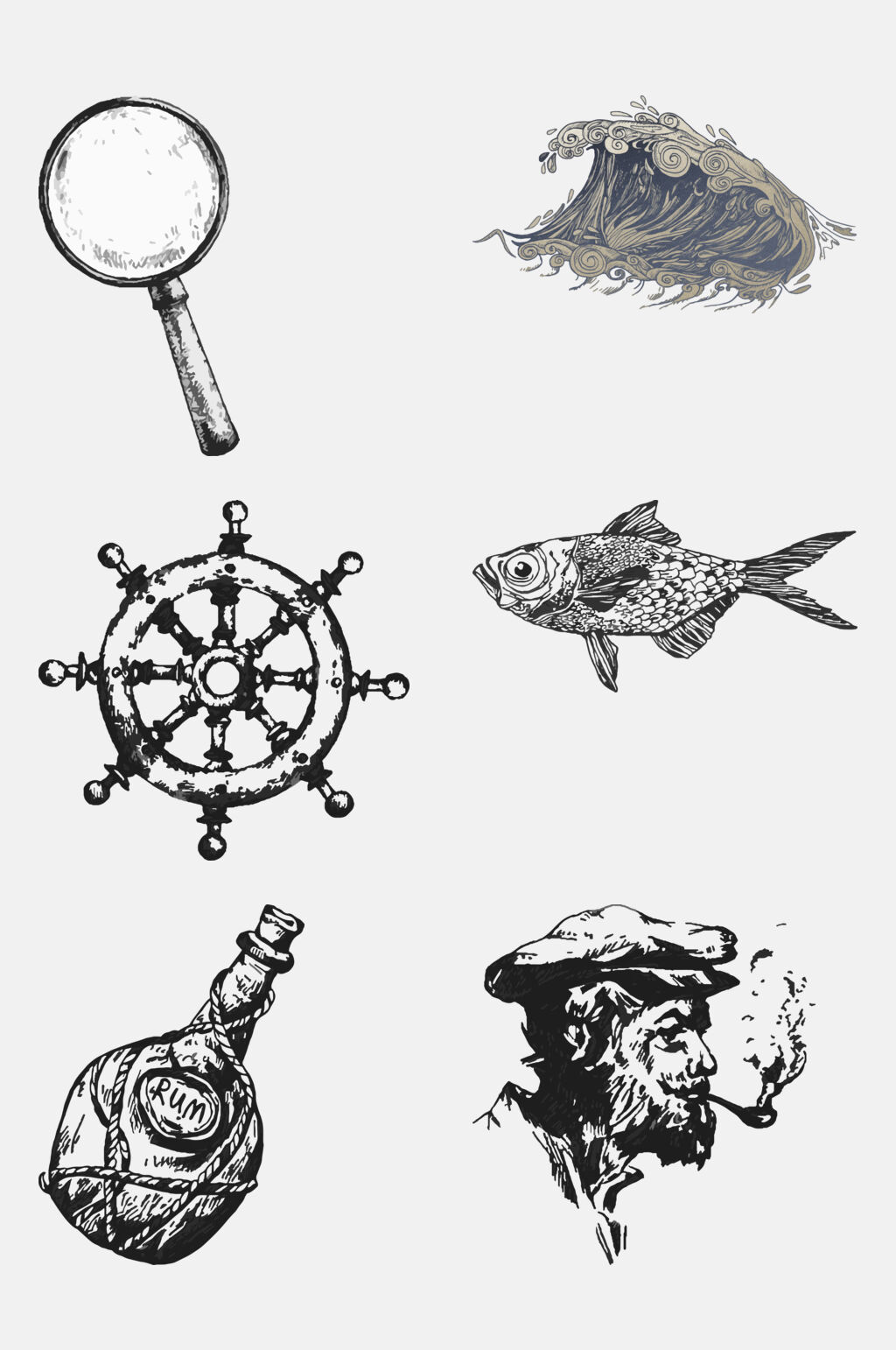 素描酒瓶男人海洋生物手绘元素素材素材