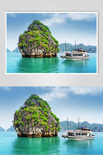 山水风光山峰湖泊游轮风景摄影图片