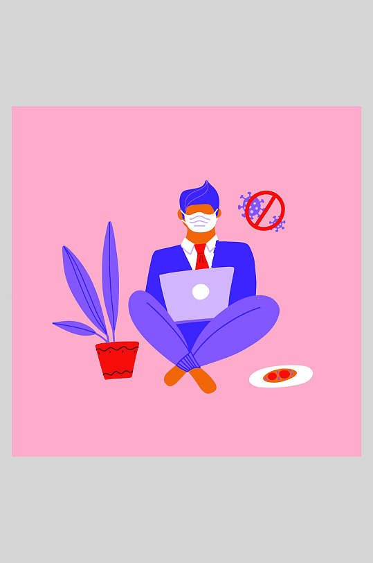 粉色在家办公戴口罩远离病毒扁平化插画设计