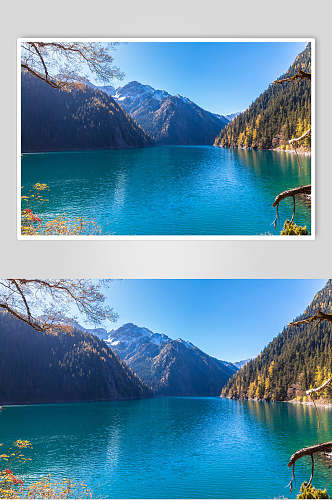 蓝色空旷山峰湖泊风景图片