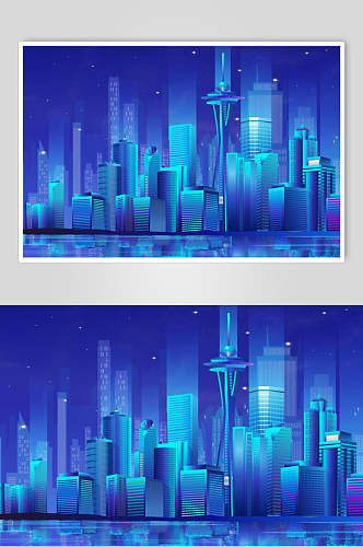 霓虹灯渐变城市建筑群设计素材