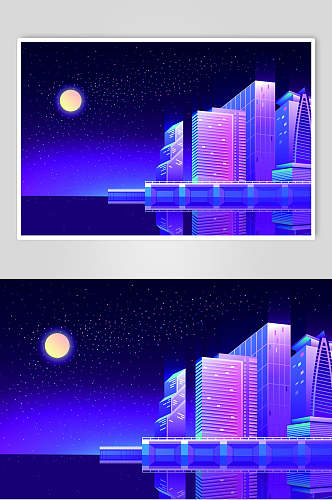 蓝紫色霓虹灯渐变城市建筑夜空天空设计素材