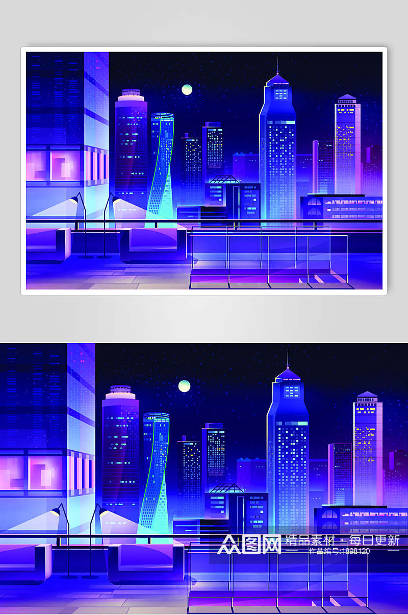 炫彩霓虹灯渐变城市建筑月亮设计素材素材