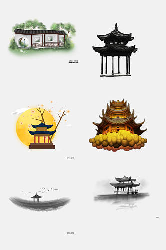 中国风亭子庭院主题免抠设计元素素材
