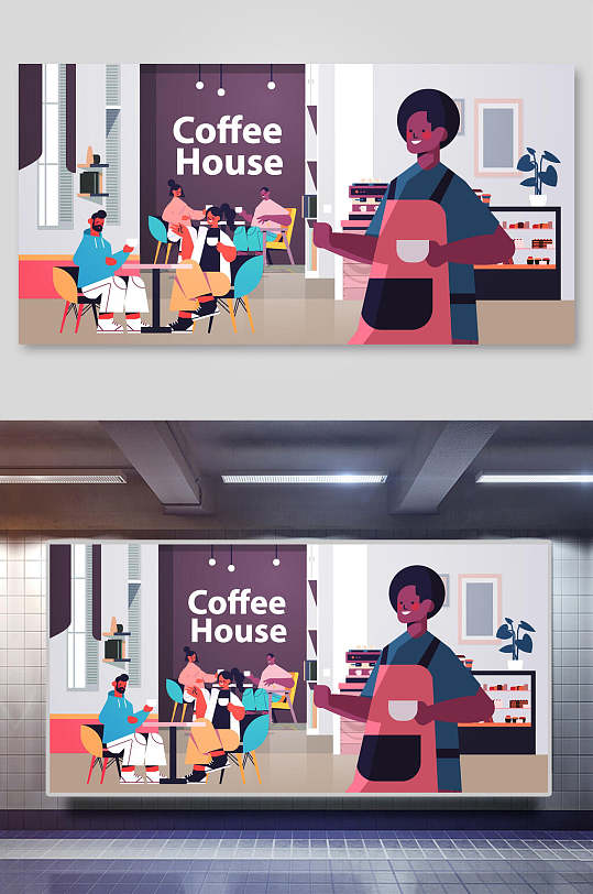 欧美风卡通人物咖啡屋生活插画素材