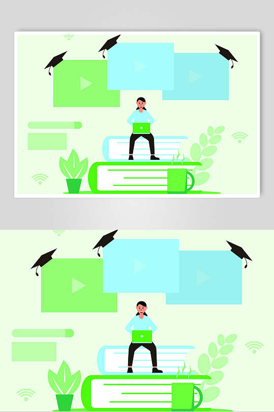扁平化清新绿色线上教育视频插画设计素材