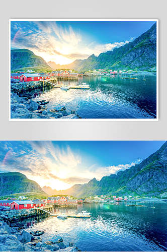 清新蓝色山峰湖泊风景图片