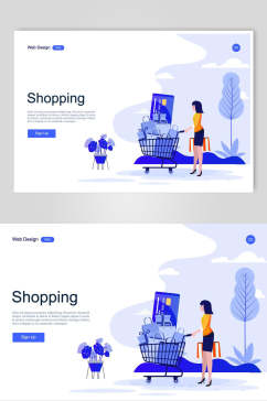 扁平化简洁蓝色流体购物页面插画设计素材