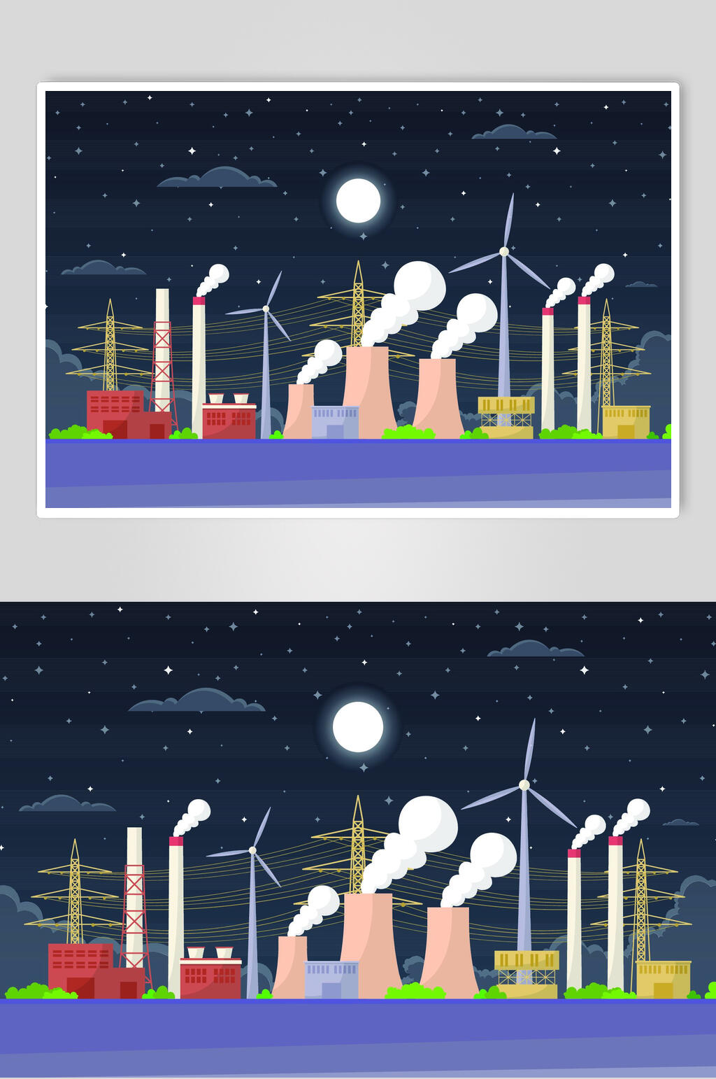 夜晚工厂排放扁平化插画素材