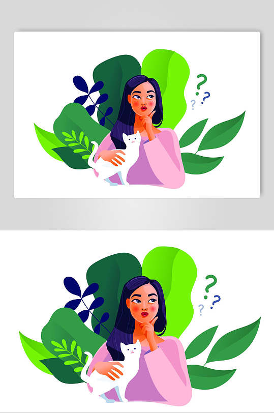 扁平化清新植物女士思考插画素材