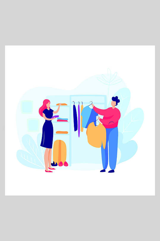 扁平化试衣服购物插画设计素材