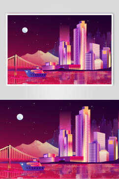 红色霓虹灯渐变城市建筑河流江景设计素材