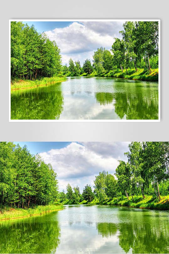 清新绿色森林山峰湖泊风景图片