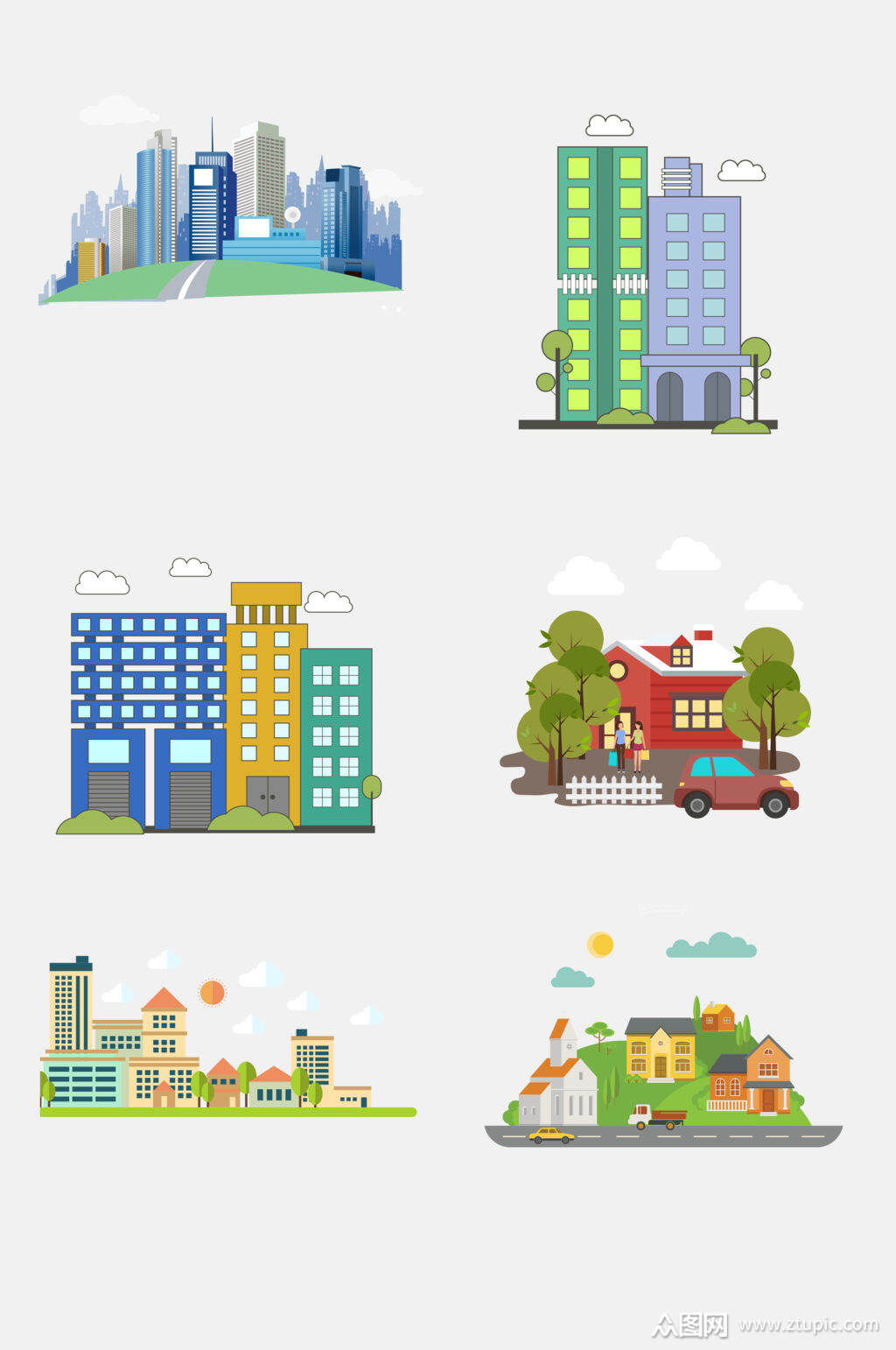 清新绿色扁平化城市高楼大厦建筑免抠元素