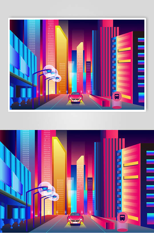 炫彩霓虹灯渐变城市建筑公路汽车设计素材