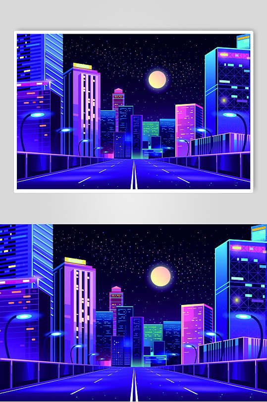 霓虹灯渐变城市建筑公路星空月亮设计素材