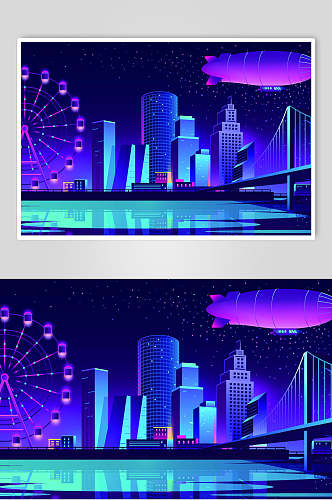 霓虹灯渐变城市建筑摩天轮设计素材