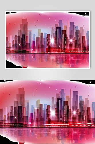 红色创意霓虹灯渐变城市建筑设计素材