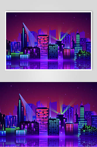 炫彩霓虹灯渐变城市建筑夜空设计素材