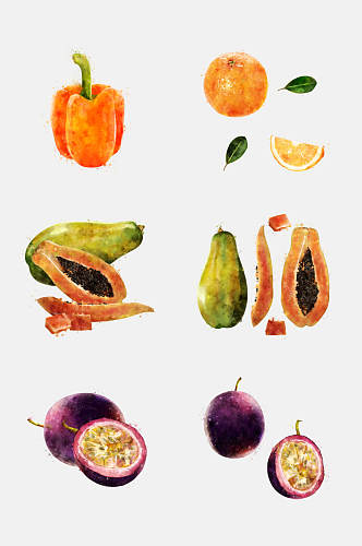 木瓜百香果蔬菜水果手绘水彩免抠元素素材
