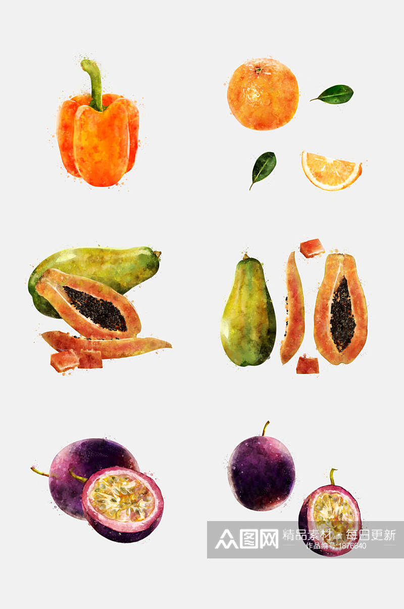 木瓜百香果蔬菜水果手绘水彩免抠元素素材素材