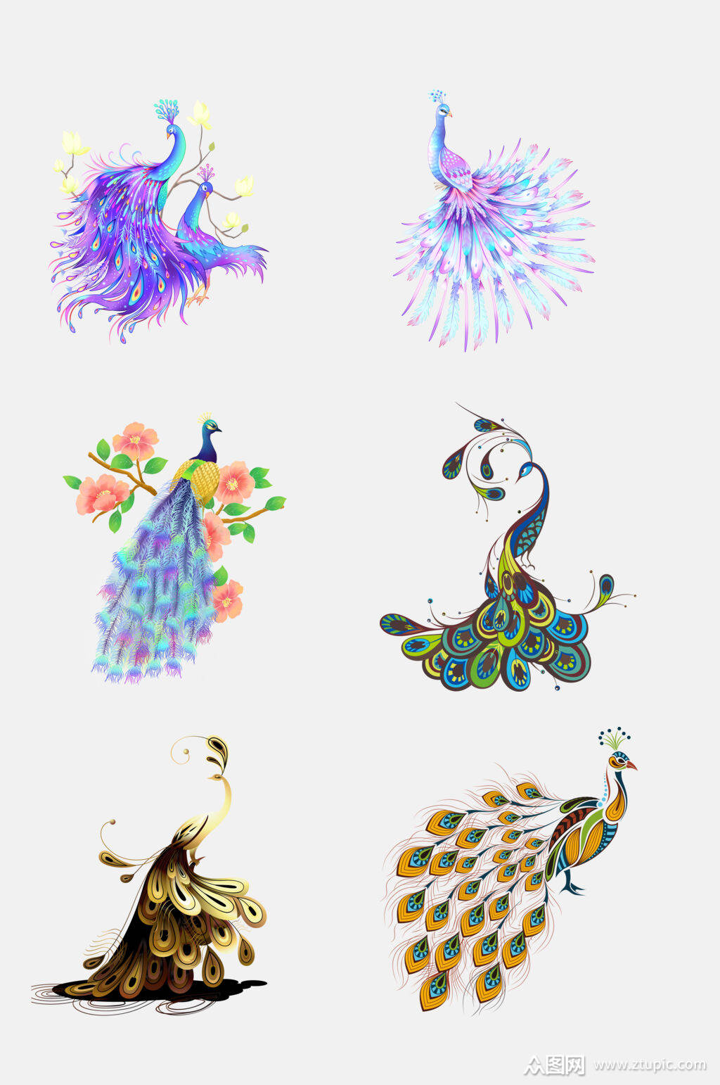 美丽手绘孔雀图案免抠元素素材