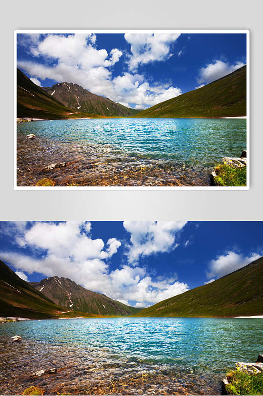 山峰湖泊蓝天白云风景图片