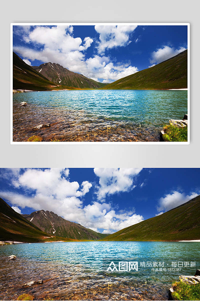 山峰湖泊蓝天白云风景图片素材