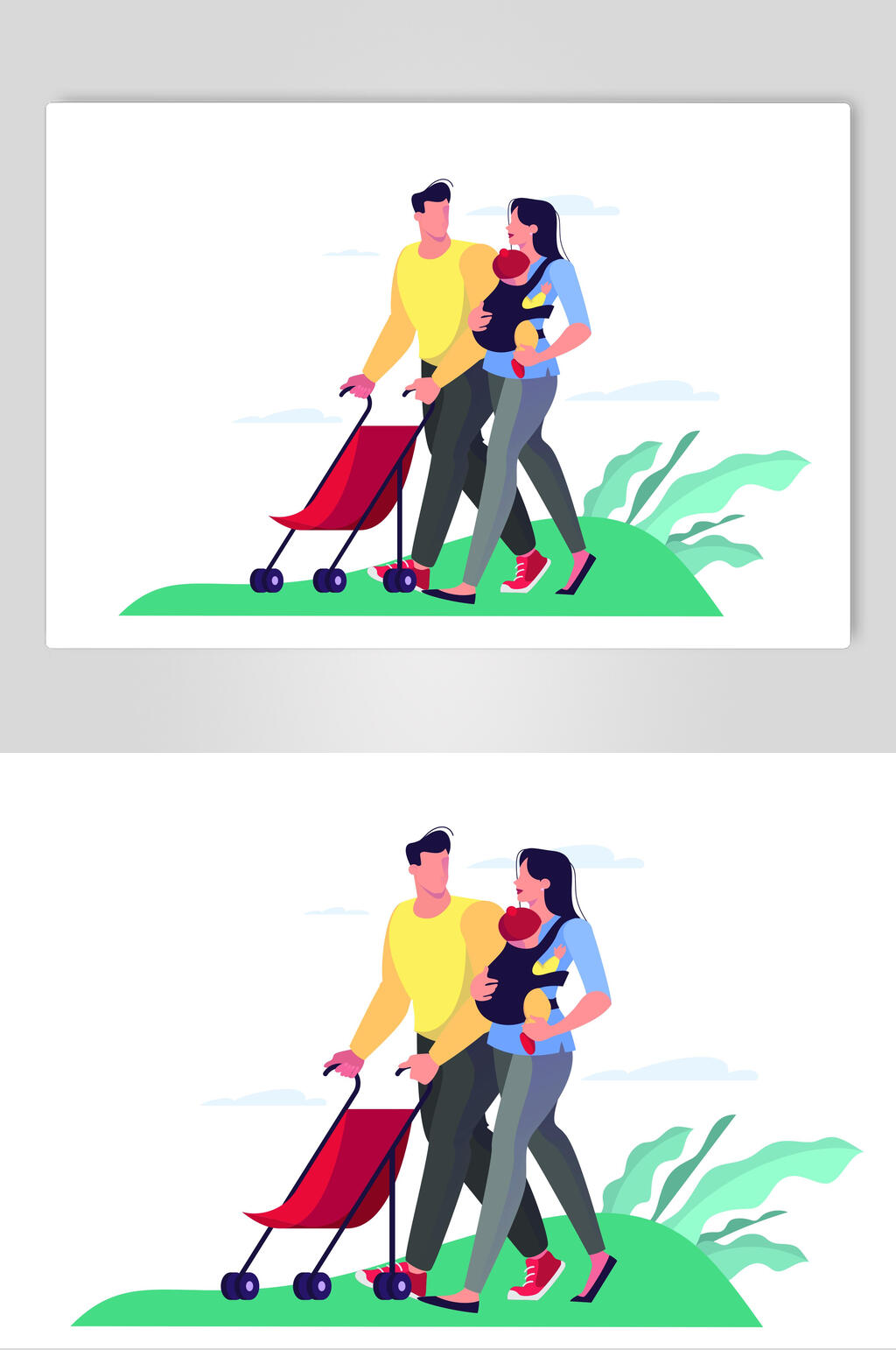 幸福一家三口扁平化插画设计素材