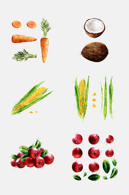 胡萝卜玉米蔬菜水果手绘水彩免抠元素素材