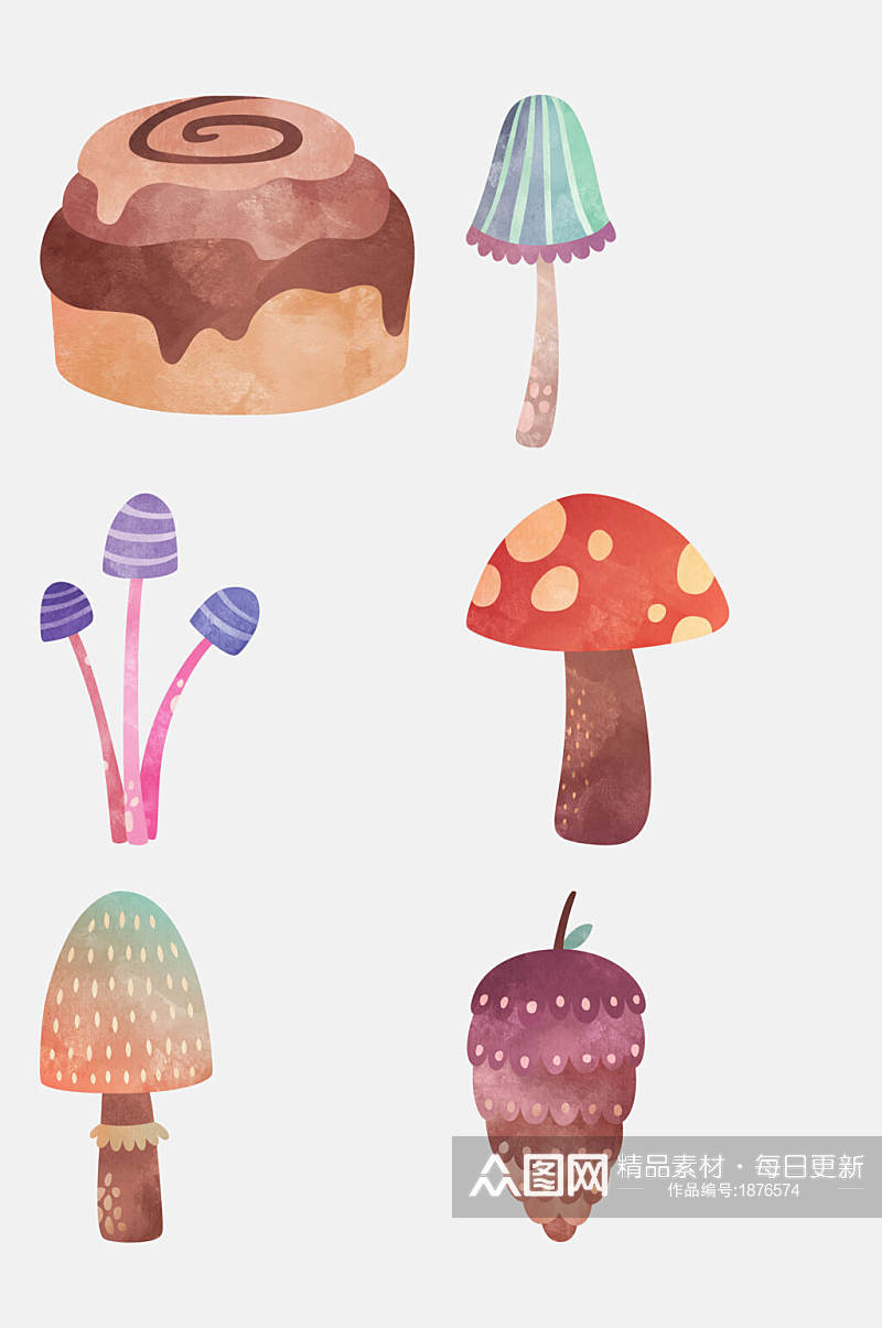 卡通蘑菇动物手绘水彩植物元素素材素材
