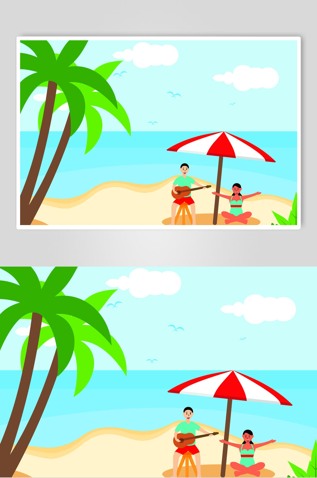 休闲沙滩度假扁平化插画设计素材