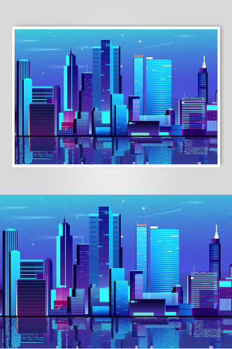 时尚蓝色霓虹灯渐变城市建筑设计素材
