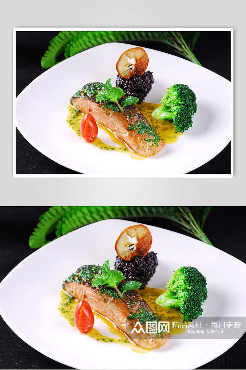 主菜麦列尔三文鱼排配黑米高清图片素材