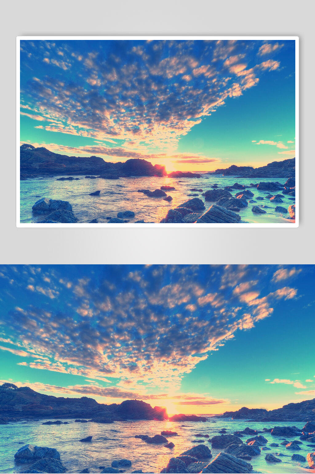 唯美天空礁石夕阳朝霞图片素材