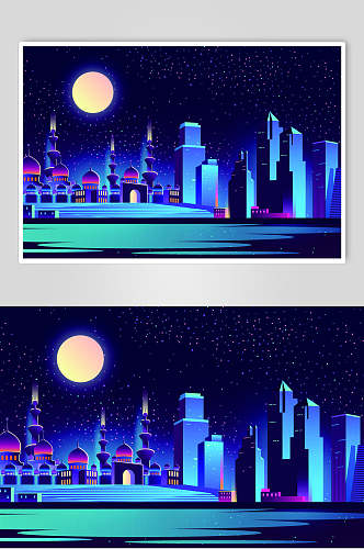 霓虹灯渐变城市建筑夜空设计素材