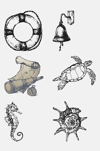 素描海龟海马海洋生物手绘元素素材