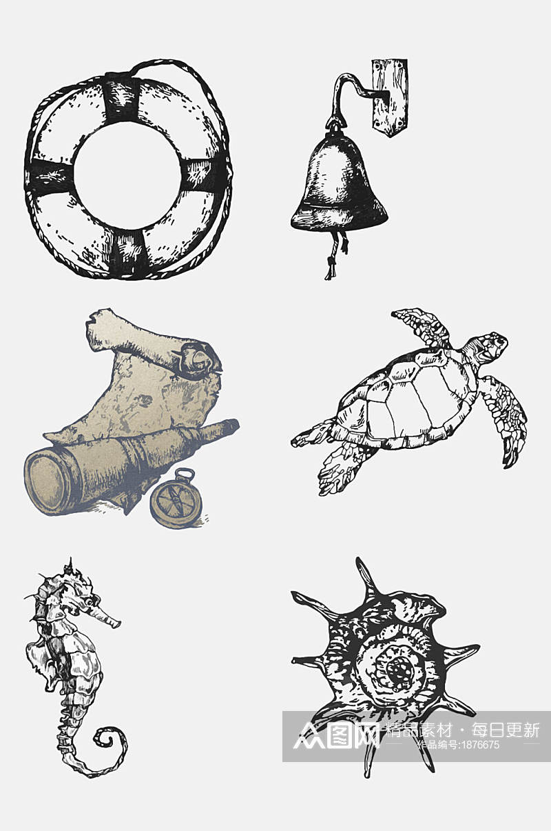 素描海龟海马海洋生物手绘元素素材素材