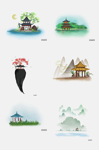 中国风亭子庭院免抠设计元素素材