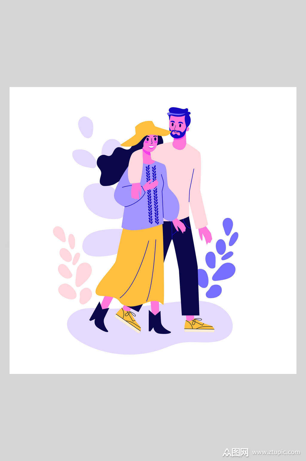 扁平化清新植物情侣旅游插画设计素材模板下载-编号1915479-众图网