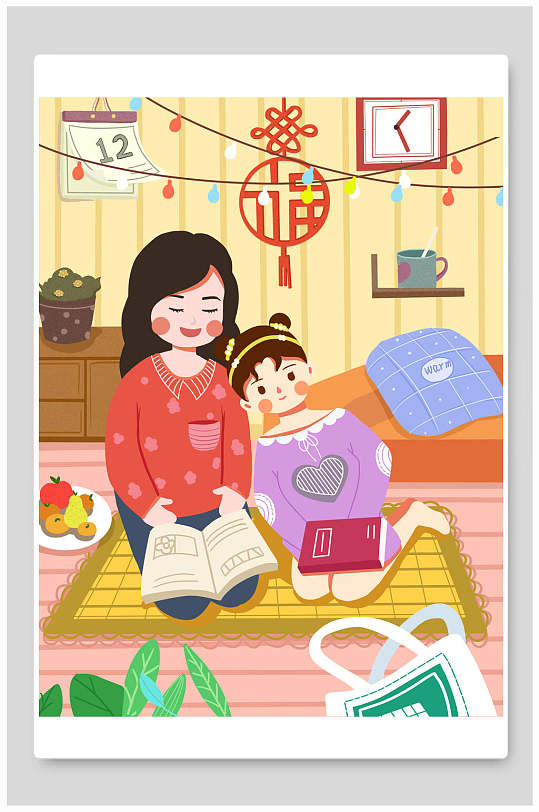 中国风阅读卡通人物母亲节插画素材