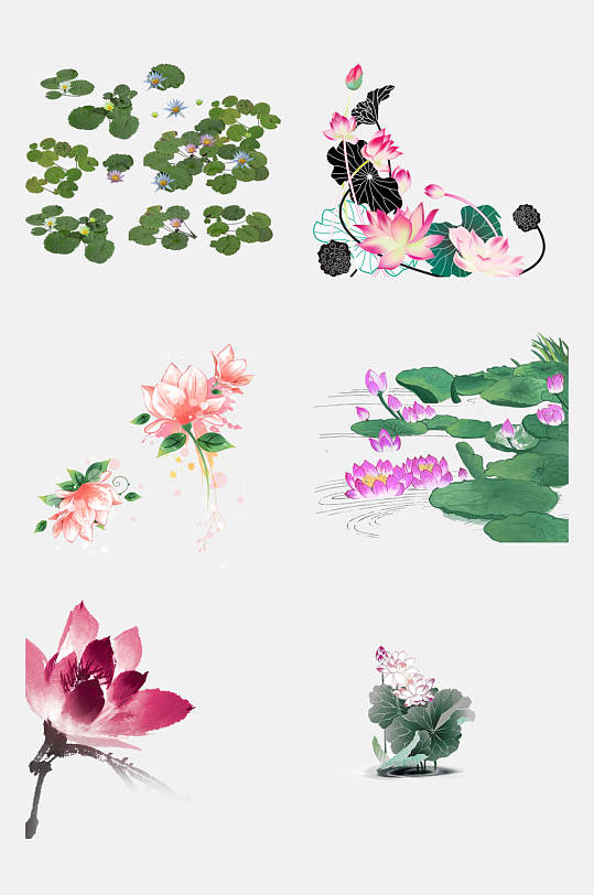 手绘水彩荷花荷叶花朵植物免抠元素