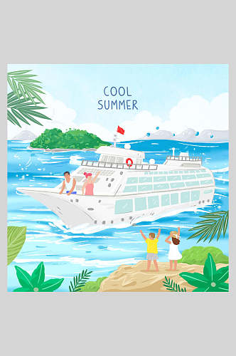 轮船夏季冲浪海滩插画素材