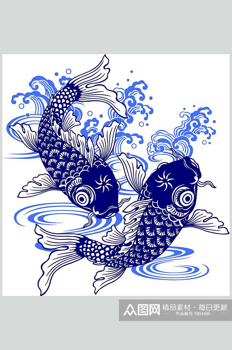 蓝色线描素描勾线锦鲤双鱼元素素材素材