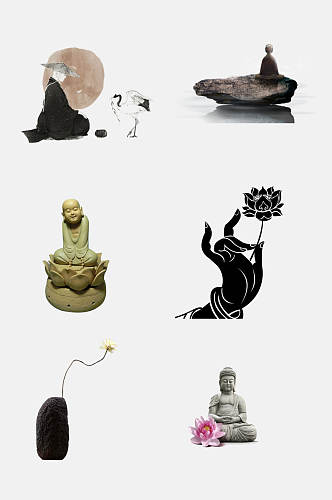 中国风手绘禅意禅茶文化雕像免抠设计元素